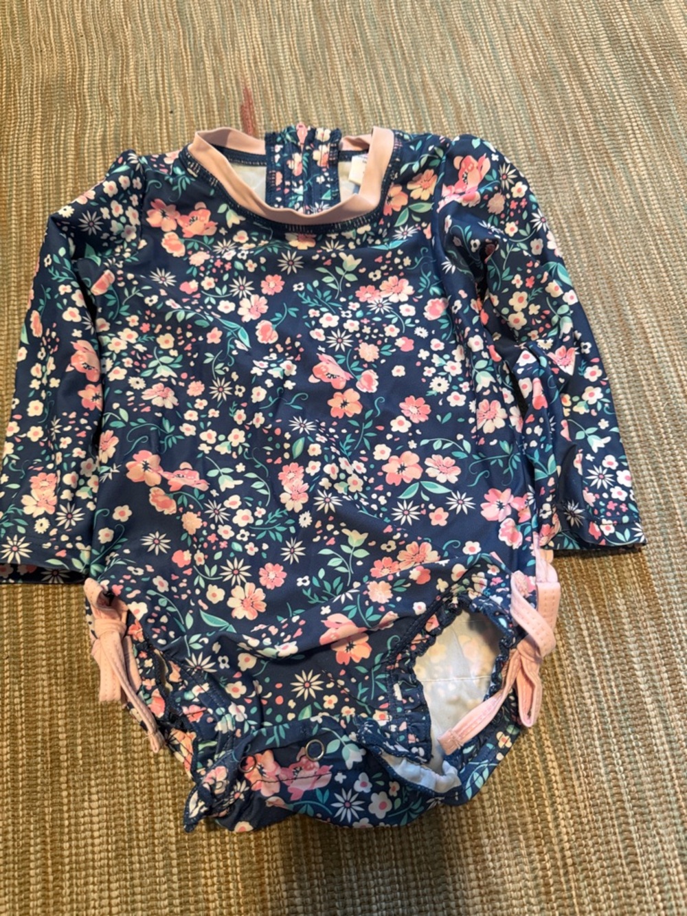 Ruffle Butts Navy Floral Long-Sleeve One-Piece Swimsuit with Pink Trim